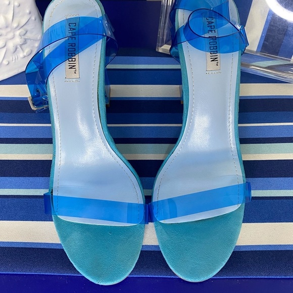 Fashion nova neon blue clear ankle strap square high heel sandals Sz 10 - Picture 9 of 15